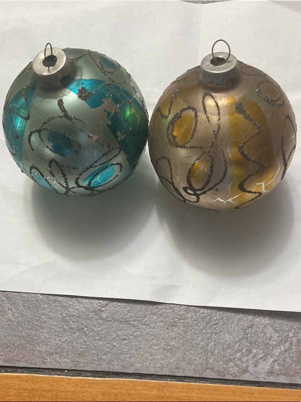Teal & Gold Swirl Glass Ornament Pair made in West Germany